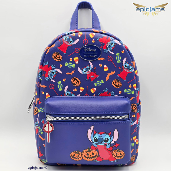 Disney Lilo & Stitch Red Devil Halloween Pumpkin Blue Mini Backpack Bag New - Picture 1 of 7